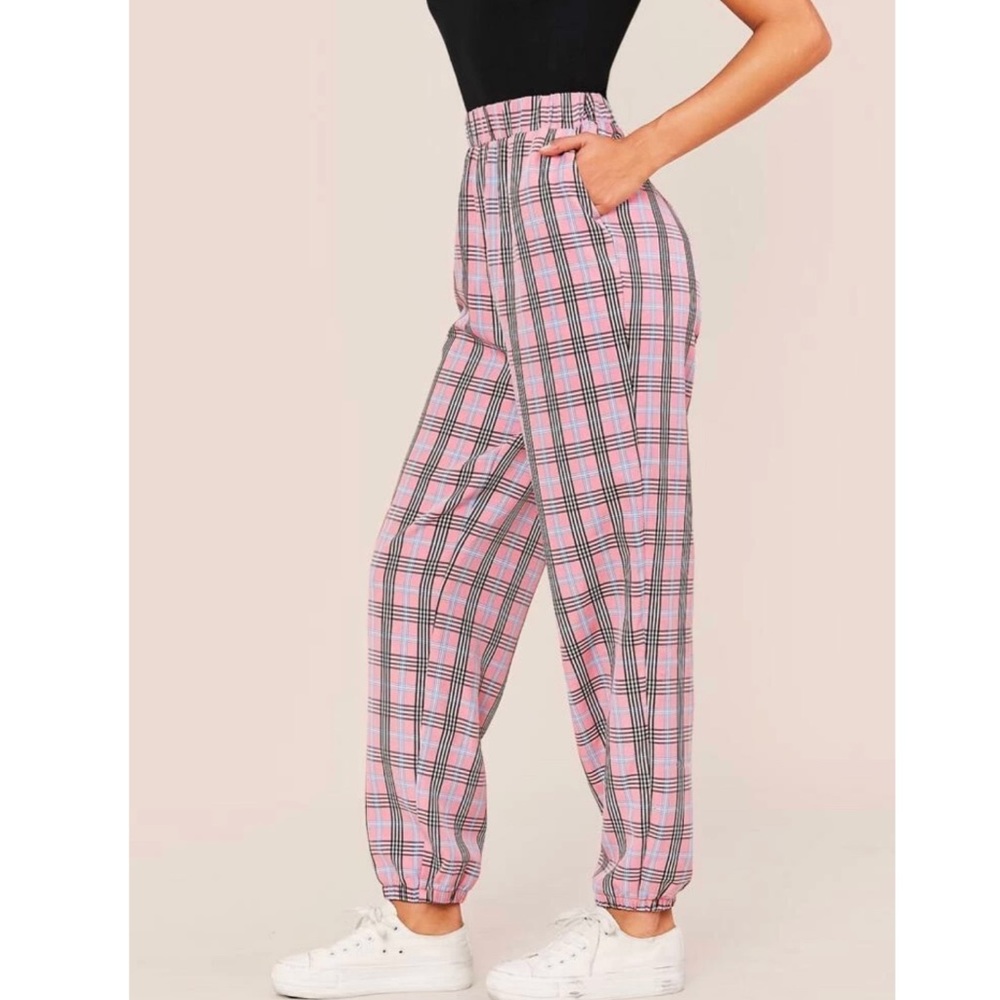 💕SHEIN Elastic Waist Slant Pocket Tartan Pants💕